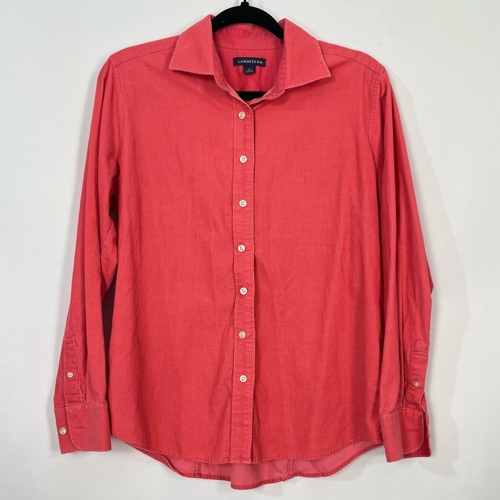 Women’s Lands End Pink Salmon Coral Corduroy Button Up Long Sleeve Shirt Sz S